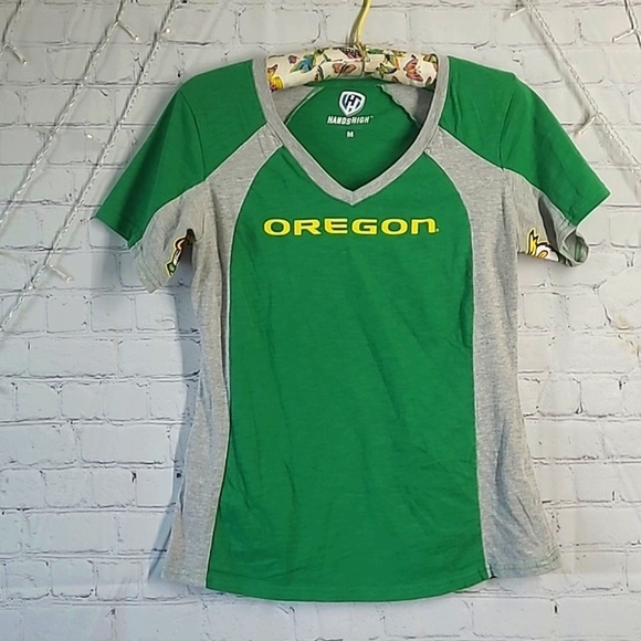 Oregon Ducks UO University Green Gray Yellow V-Neck Tee Tshirt Womens Sz Medium - Picture 1 of 14